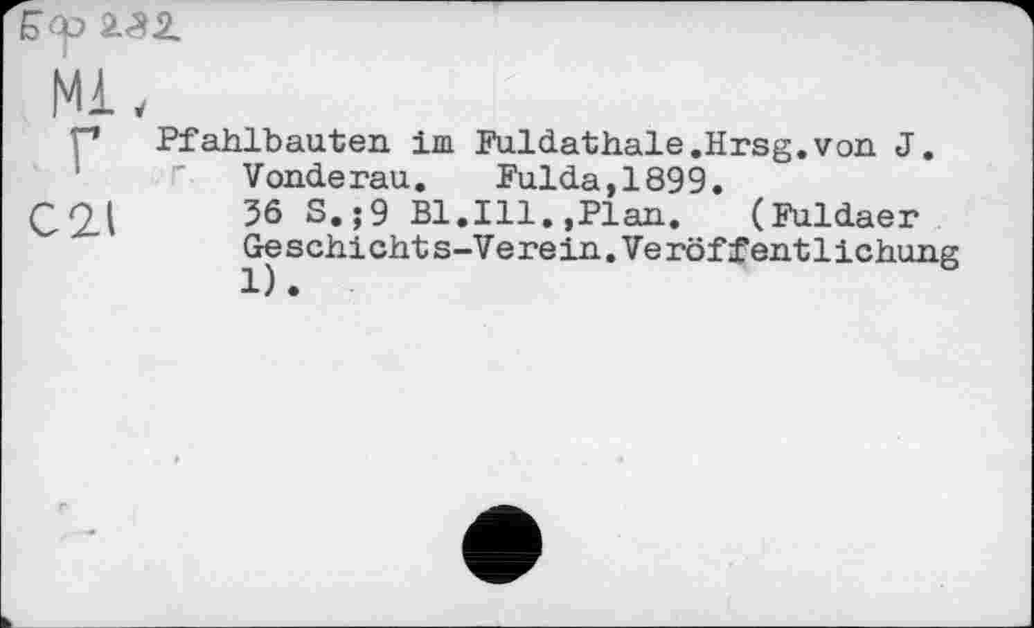 ﻿Pfahlbauten im Fuldathale.Hrsg, von J. Vonderau, Fulda,1899.
C2.I 56 S.;9 Bl.Ill.,Plan.	(Fuldaer
Ge s chi cht s-Ve re in.Ve röffent1ichung